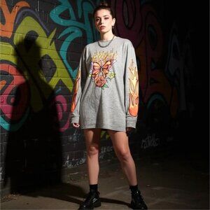 Angst & Anarchy Oversized Graphic Tee w/ Butterfly & Flame Sleeves by Delia*s L